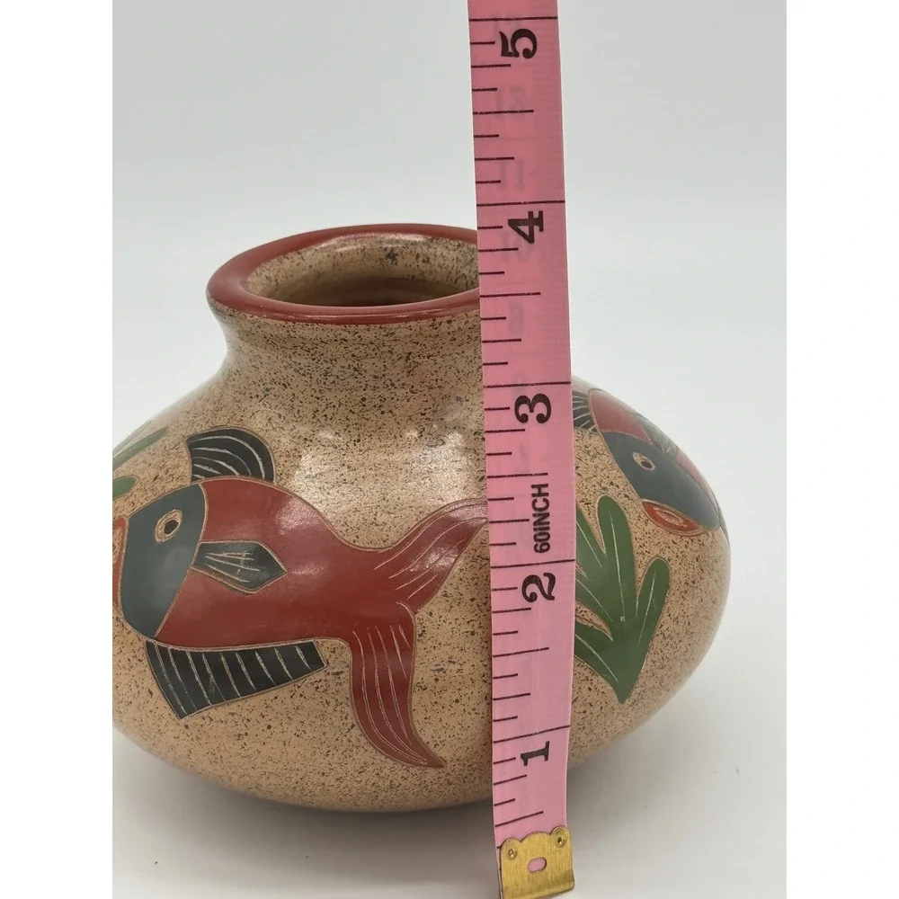 Vintage Nicaraguan Folk Art Pottery Vase Hand Carved Inciso Fish Design Boho